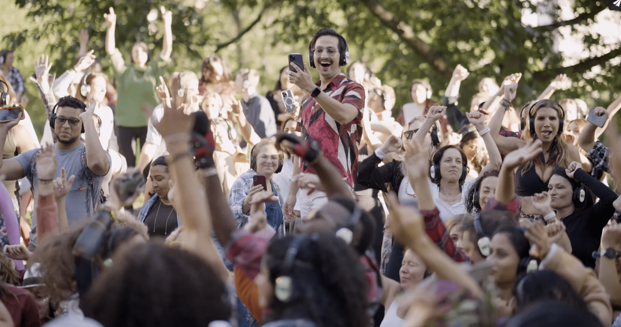 Crowd wearing Sound Off headphones at a Daybreaker event