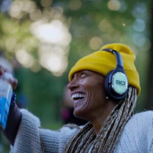 Sober Parties with Sound Off Silent Disco Headphones Guest wearing Sound Off headphones celebrating at a sober party